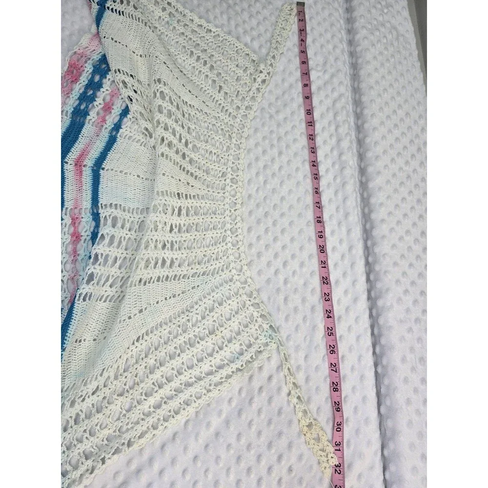 Vintage 1950's Hand Crocheted Hostess Half Apron White Aqua Pink Colorway Bleed